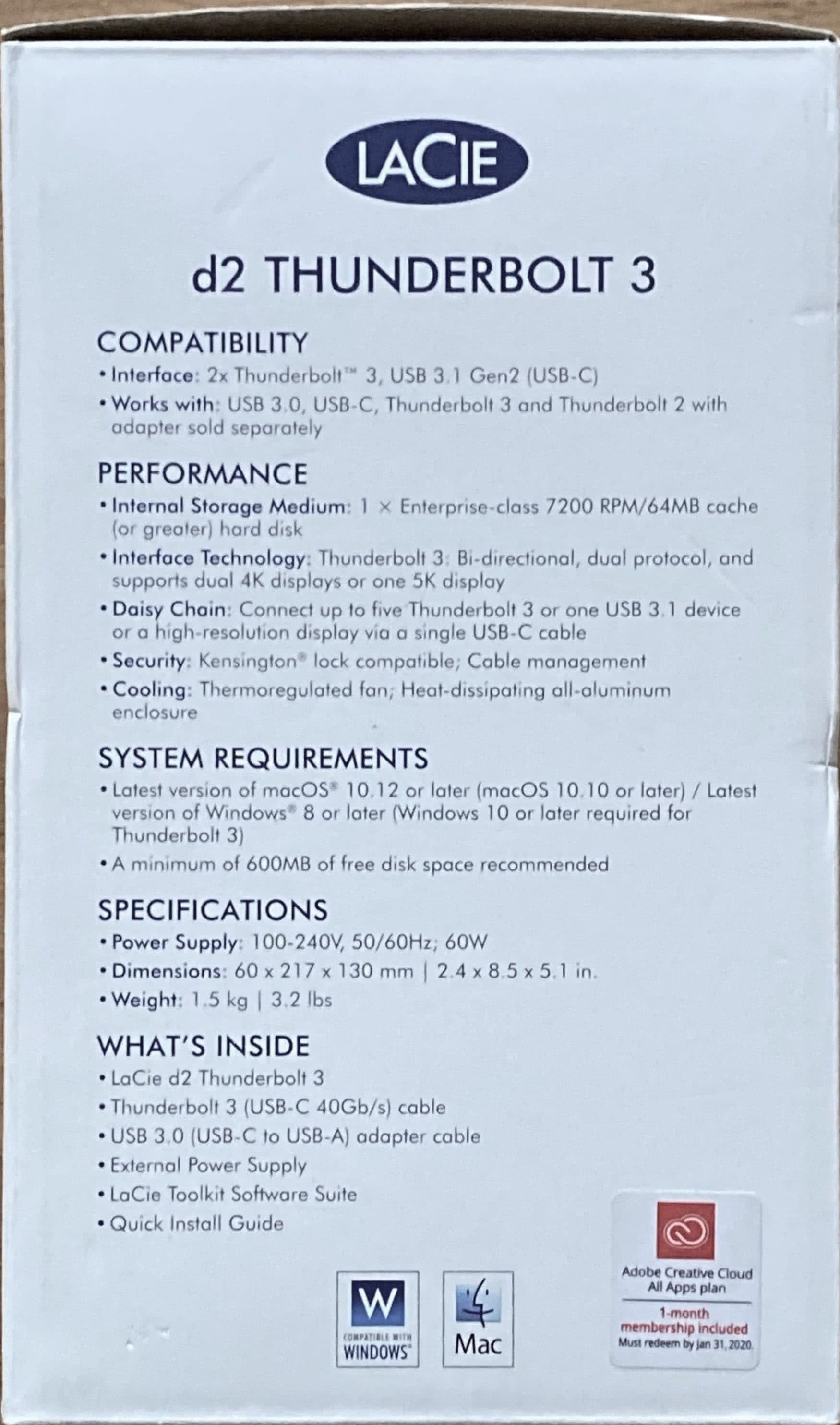 Photo: Original LaCie d2 Thunderbolt 3 box, box page describes technical specifications, system requirements and box contents.