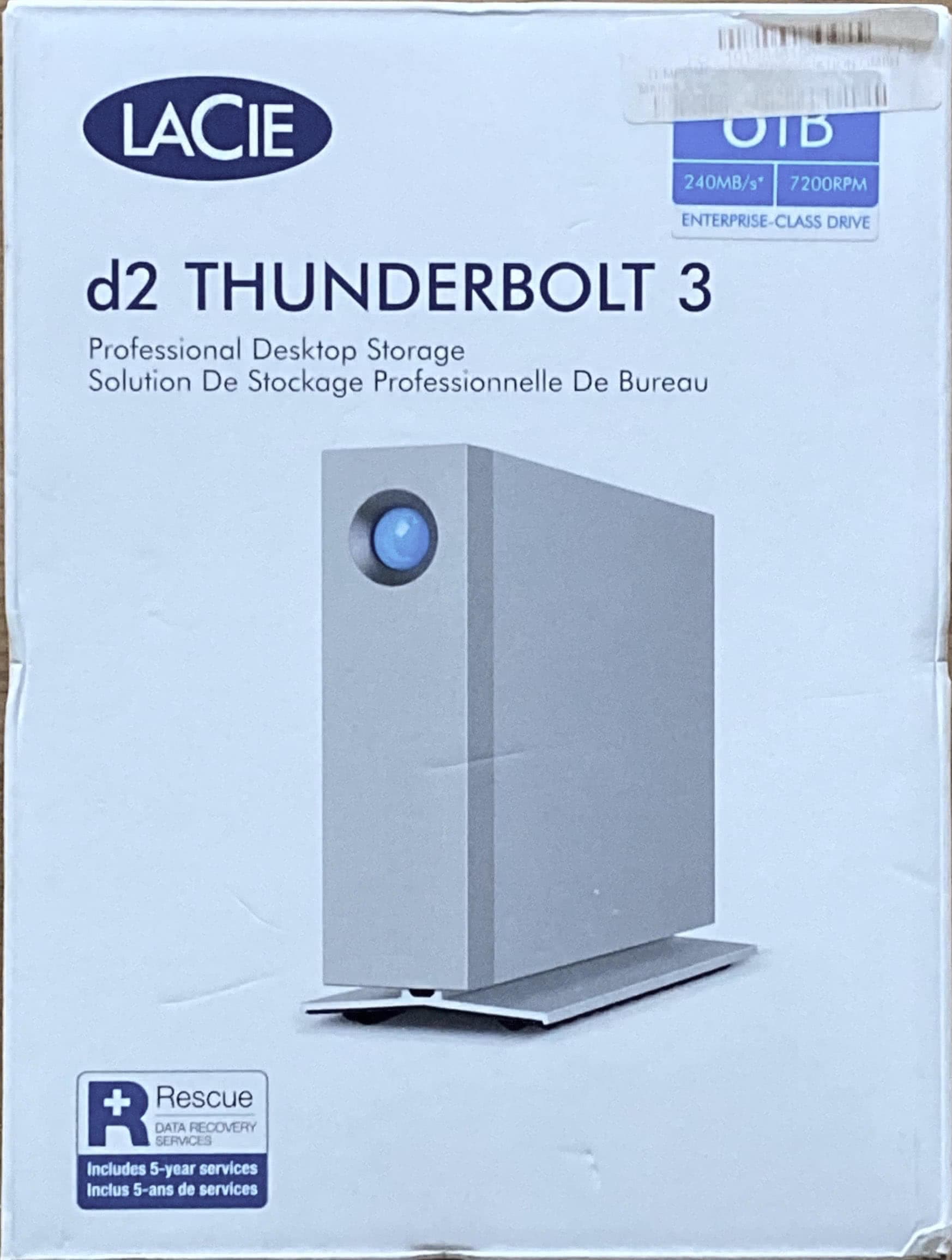 Photo: LaCie d2 Thunderbolt 3 6 TB external hard drive, original carton front.