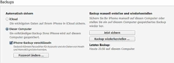 Fig.: Optimal backup setting for iTunes