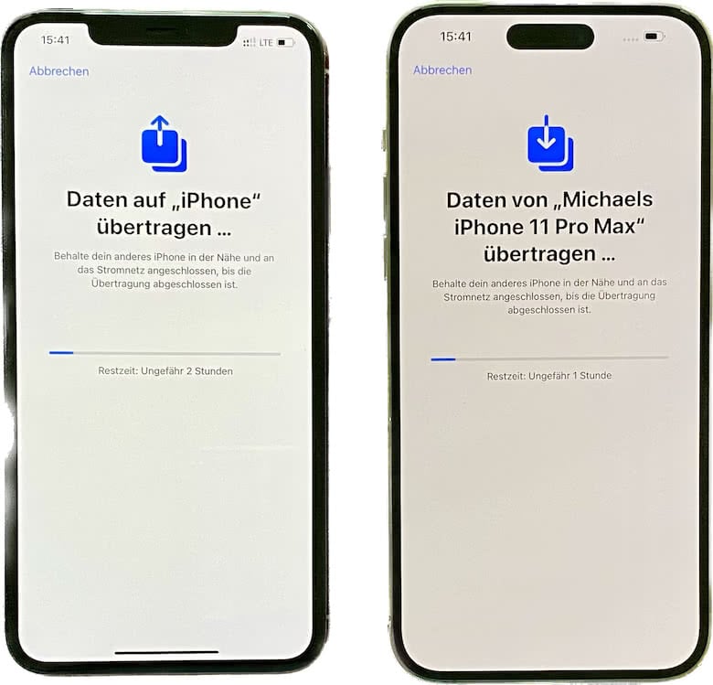 Foto: iPhone 11 Pro Max (links) übertragt Daten auf iPhone 14 Pro Max (rechts)