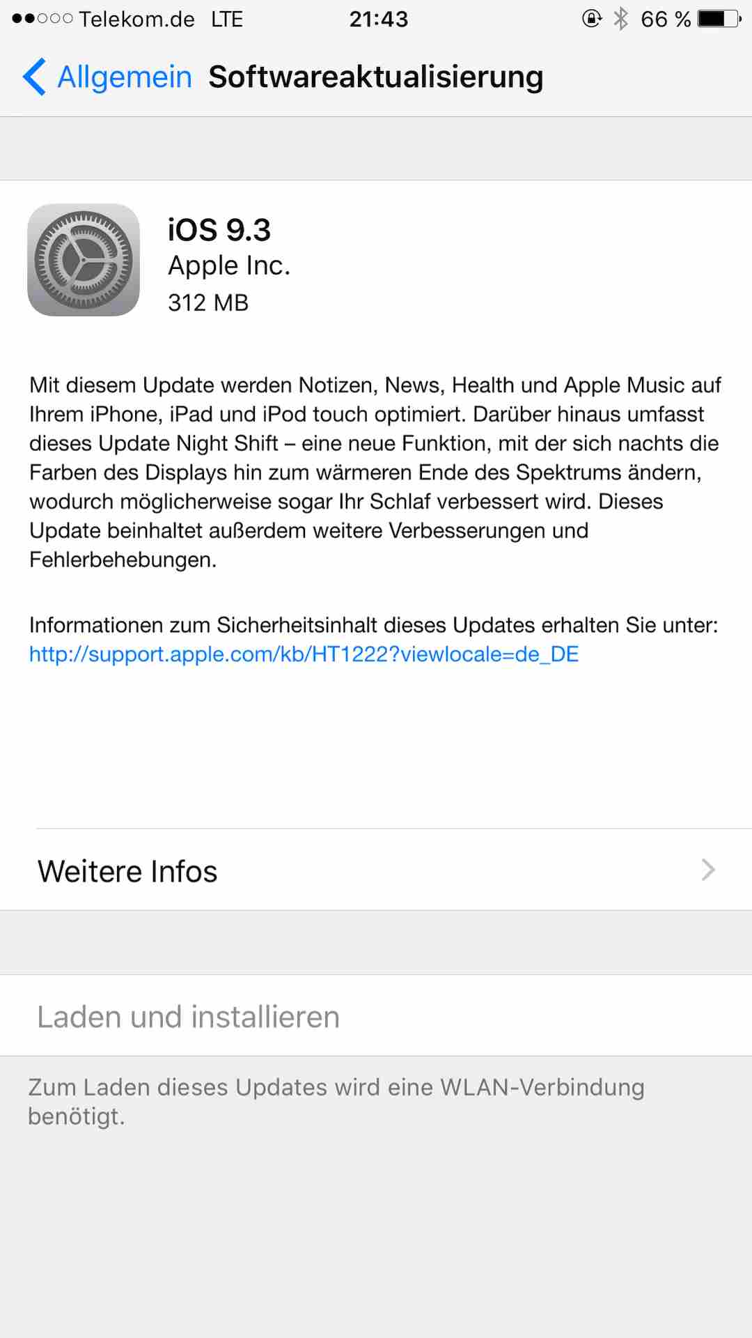 Bildschirmfoto: Softwareaktualisierung auf iOS Version 9.3 wird angeboten
