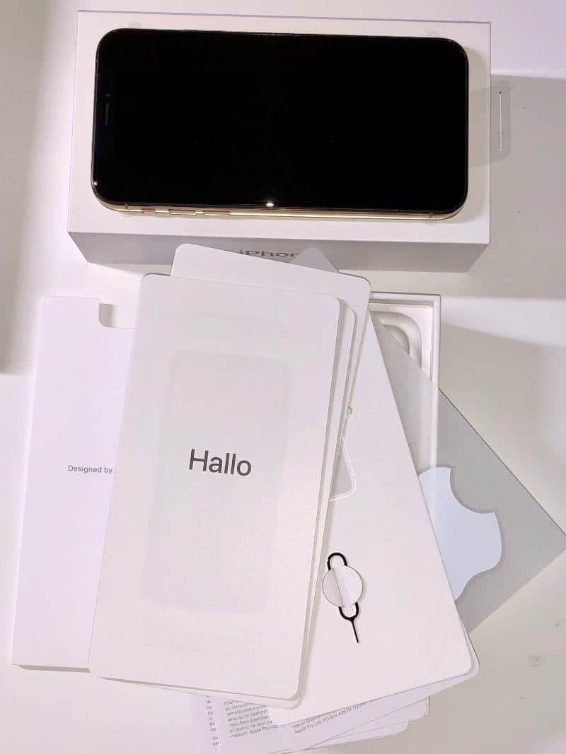 Bild 4: geöffneter Karton mit Apple iPhone Xs auf der Schachtel, davor die Papiere