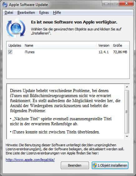 Abbildung: iTunes Version 12.4.1 wartet auf Bestätigung des Updatevorgangs
