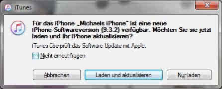 Abbildung: iTunes meldet: Neue iPhone-Softwareversion (9.3.2) verfügbar.