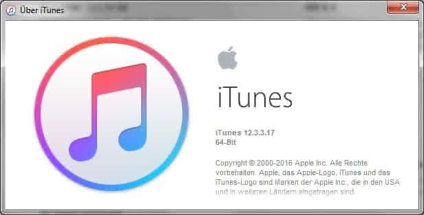 Bildschirmfoto: iTunes-Version 12.3.3.17 64-bit für MS-Windows