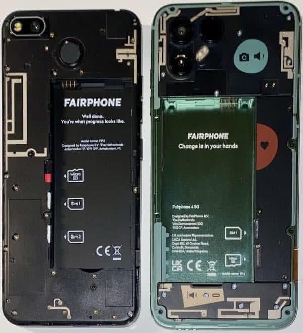 Foto: Fairphone 3+ (links) und Fairphone 4 (rechts) nebeneinander